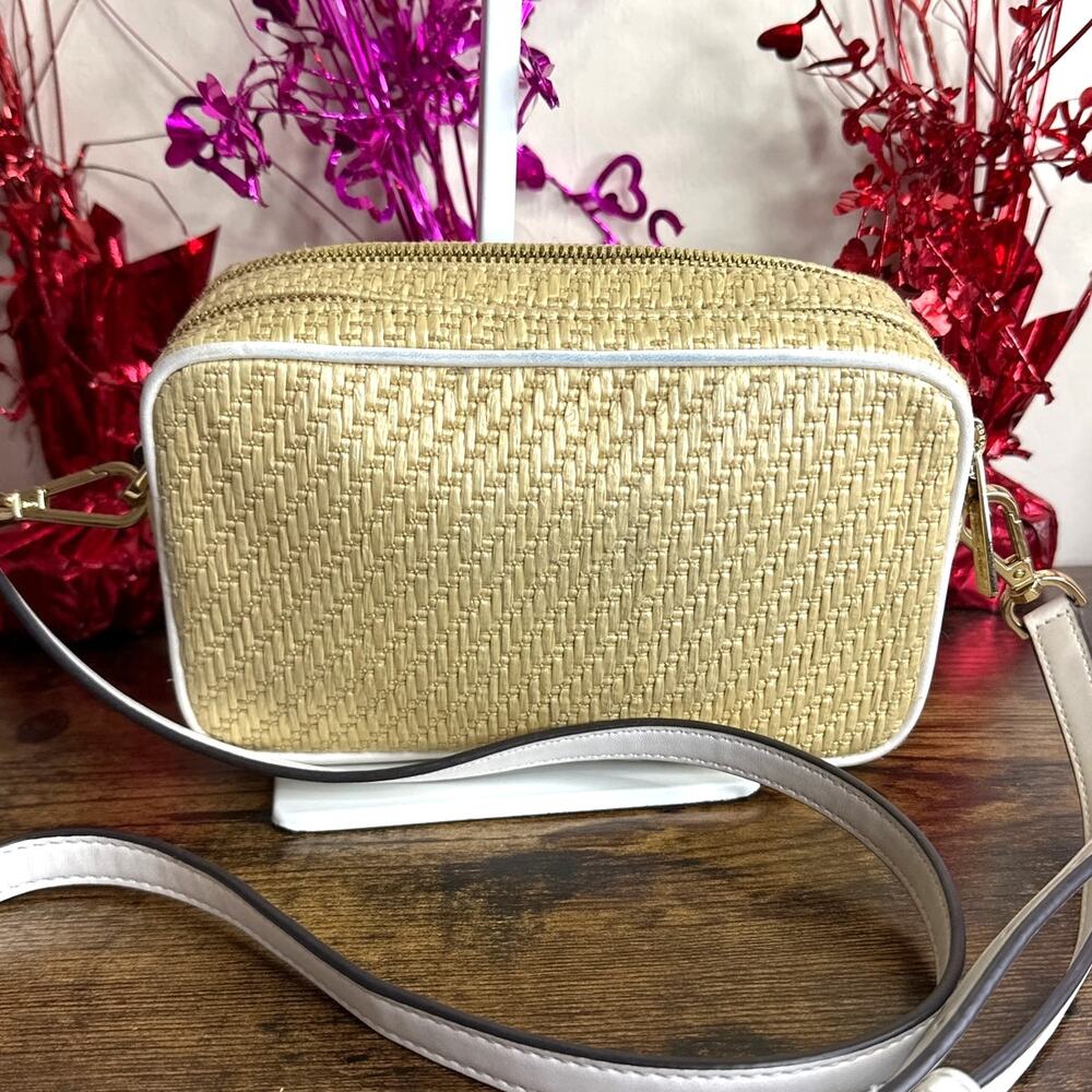 MICHAEL KORS Kenly Double Zip Natural Straw Small Camera Crossbody - Picture 2 of 10